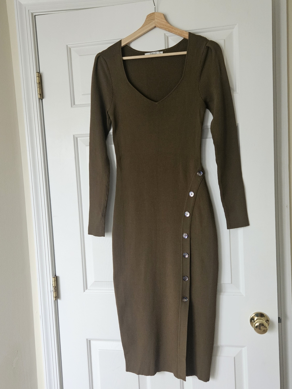 Gaudi - Italian Olive Midi Bodycon Dress - Ribbed V-Neck Button Accents